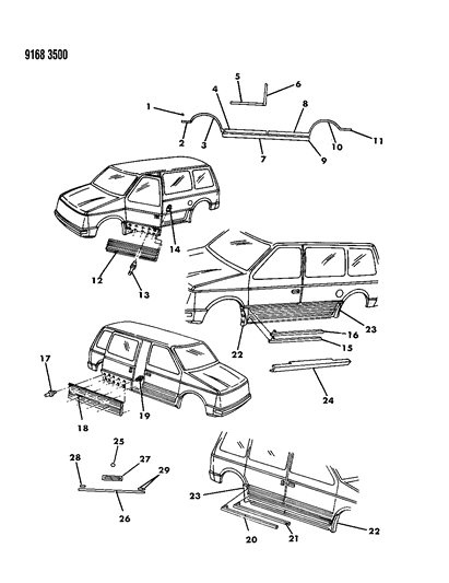 1989 Dodge Caravan Mouldings & Ornamentation - Exterior View Diagram 3