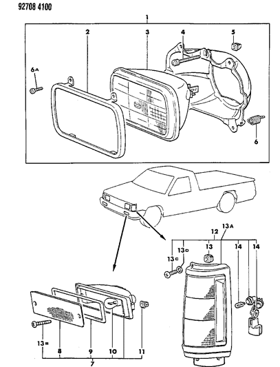 1992 Dodge Ram 50 Lamps, Head & Front Exterior Diagram