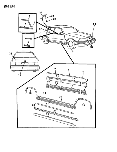 1989 Dodge Spirit Mouldings & Ornamentation - Exterior View Diagram