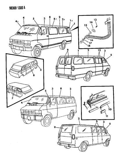1991 Dodge Ram Van Glass & Weatherstrips Diagram