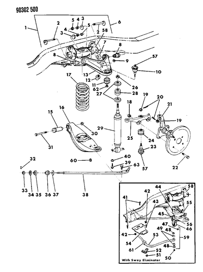 1993 Dodge Ramcharger Suspension - Front Coil With Shock Absorber & Sway Eliminator Diagram