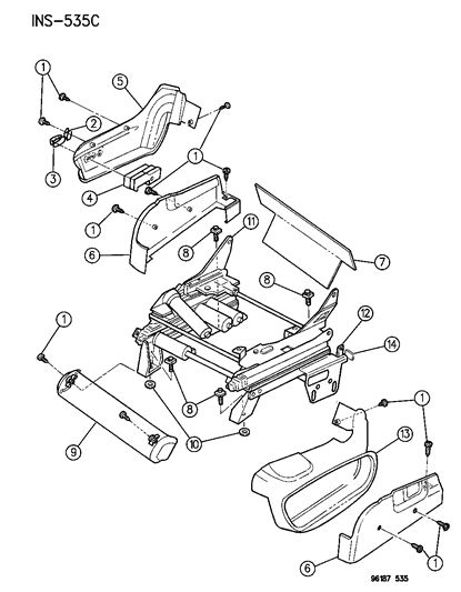 1996 Chrysler Town & Country Front Seat Adjusters, Side Shields & Attaching Parts Diagram