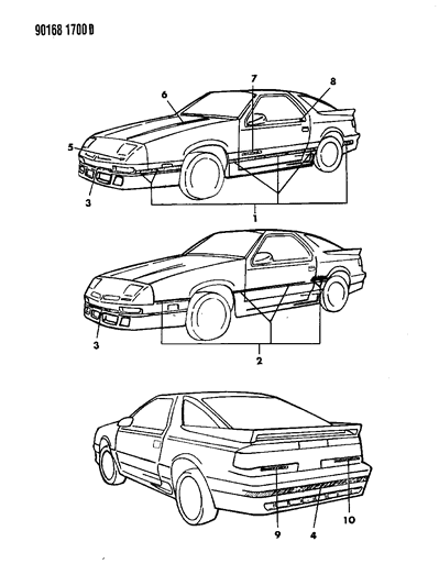 1990 Dodge Daytona Tape Stripes & Decals - Exterior View Diagram