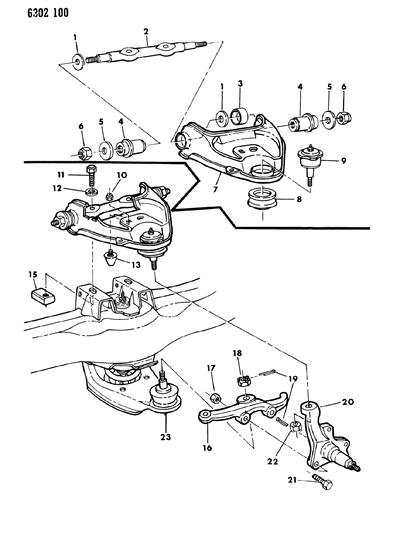 1986 Dodge Ram Van Suspension - Front Arm & Steering Knuckle Upper Control Diagram