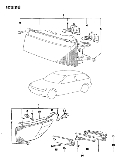 1990 Dodge Colt Lamps - Front Exterior Diagram