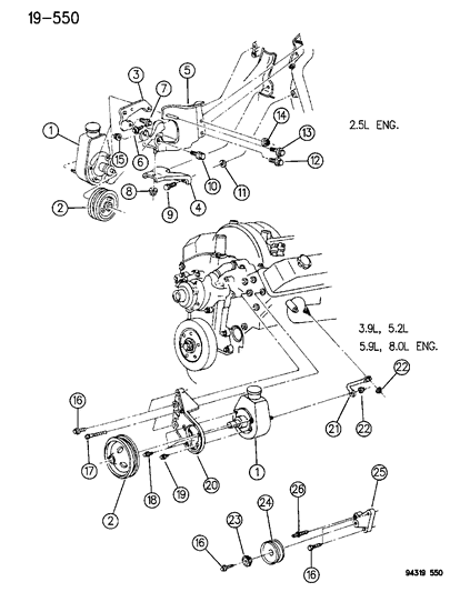 1994 Dodge Ram 2500 Pump Mounting & Pulley Power Steering Diagram
