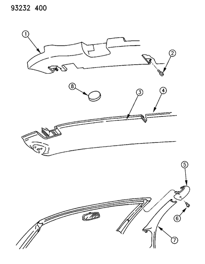 1993 Dodge Shadow Moulding - Header And "a" Pillar Diagram