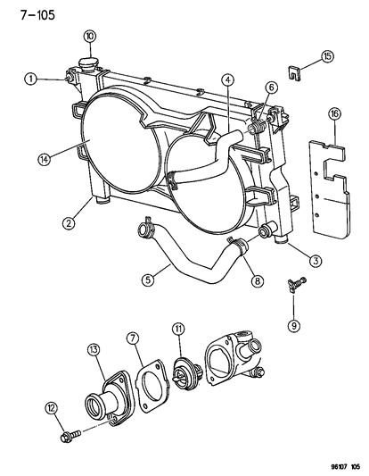 1996 Chrysler Town & Country Radiator & Related Parts Diagram 1