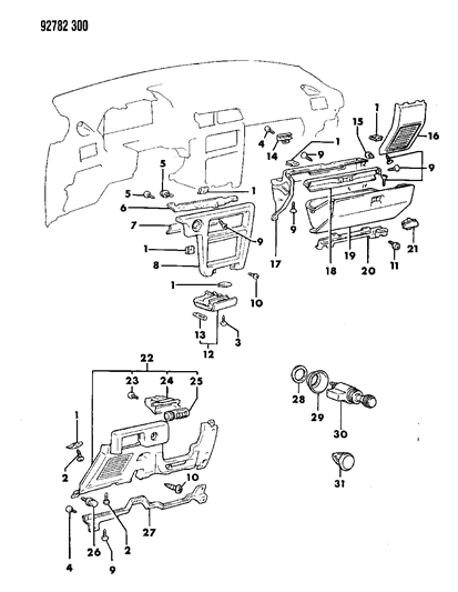 1994 Dodge Colt Instrument Panel Bezels & Glovebox Diagram