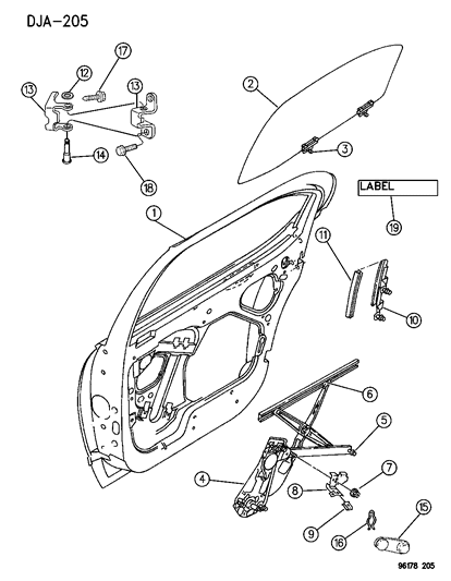 1996 Chrysler Cirrus Door, Rear Shell, Hinge, Glass & Regulator Diagram