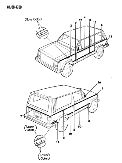 1986 Jeep Cherokee Decals, Exterior Diagram 1