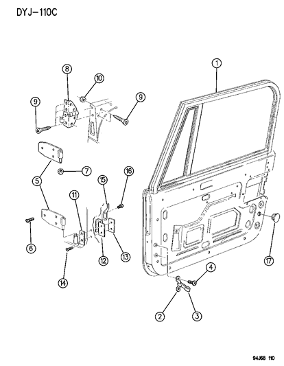 1995 Jeep Wrangler Door, Front, Full Shell And Hinges Diagram