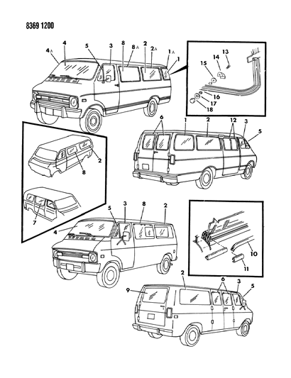 1989 Dodge Ram Van Glass & Weatherstrips Diagram