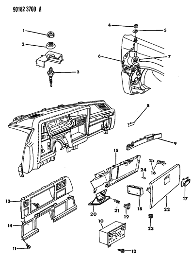 1990 Chrysler New Yorker Instrument Panel Glove Box, Radio & Antenna Diagram