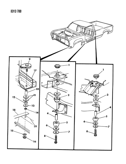 1988 Dodge D250 Body Hold Down & Front End Mounting Diagram