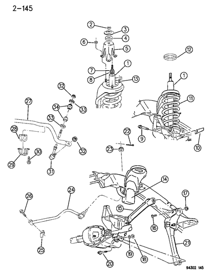 1994 Dodge Ram 2500 Suspension - Front Coil & Shocks With Upper and Lower Control Arm & Sway Bar Diagram 2