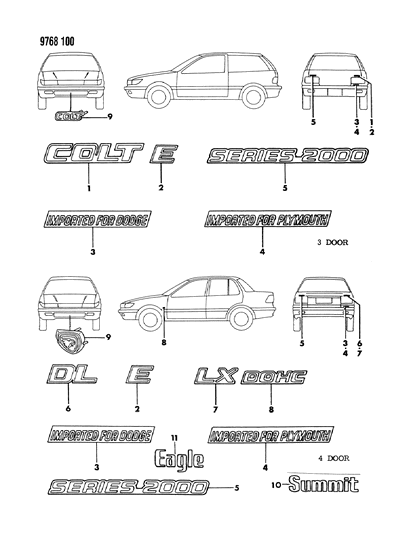 1989 Dodge Colt Nameplates - Exterior View Diagram