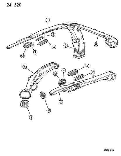 1996 Dodge Caravan Ducts & Outlets, Rear Heater & A/C Diagram