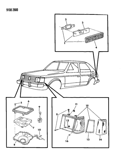 1989 Dodge Omni Lamps - Front Diagram