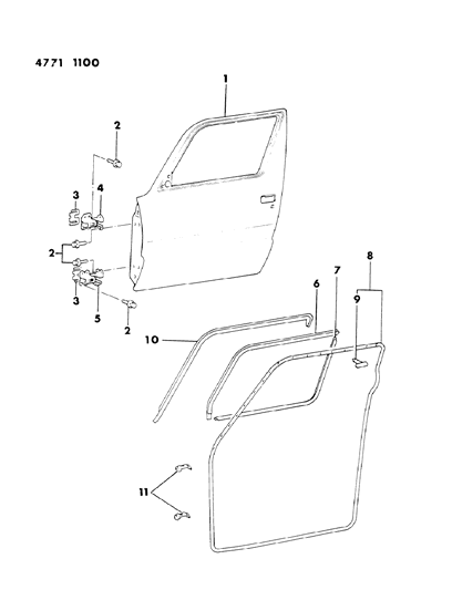 1984 Dodge Conquest Door, Front Shell, Hinges And Weatherstrips Diagram