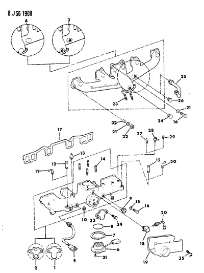 1990 Jeep Wagoneer Manifolds - Intake & Exhaust Diagram 5