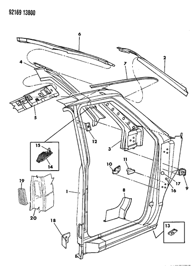 1992 Dodge Caravan Body Front Pillar & Aperture Panel Diagram