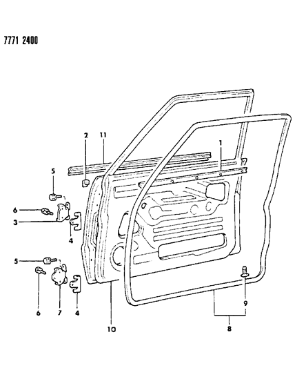 1988 Dodge Raider Door, Front Shell, Hinges And Weatherstrips Diagram