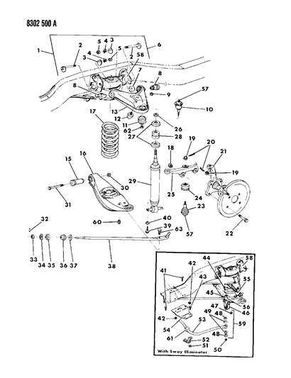 1988 Dodge W250 Suspension - Front Coil With Shock Absorber & Sway Eliminator Diagram