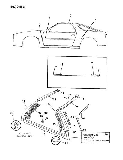 1988 Dodge Daytona Mouldings & Ornamentation - Exterior View Diagram