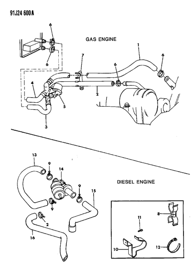 1992 Jeep Cherokee Hose-Water Pump To Valve Return Diagram for 55036161