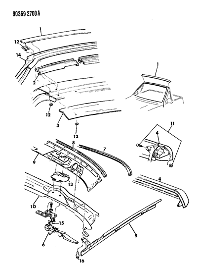 1992 Dodge Dakota Mouldings Bows & Rails Convertible Diagram