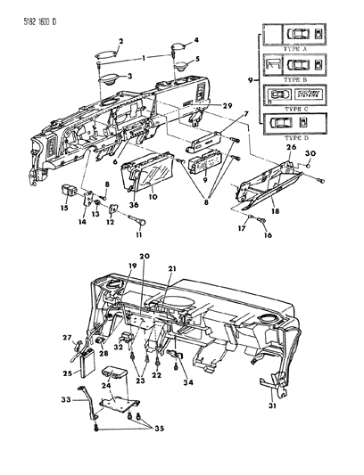 1985 Chrysler Laser Instrument Panel Cluster, Switches, Controls & Glovebox Diagram