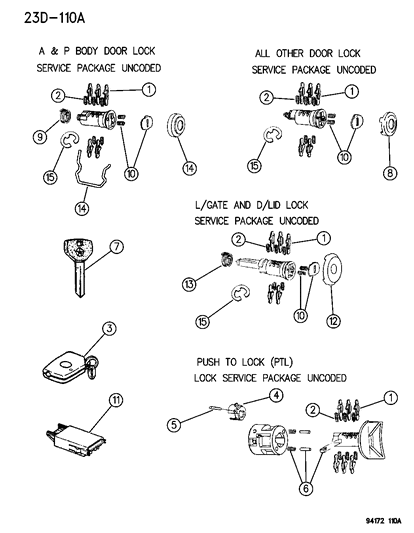 1994 Chrysler LeBaron Lock Cylinders & Double Bitted Lock Cylinder Repair Components Diagram