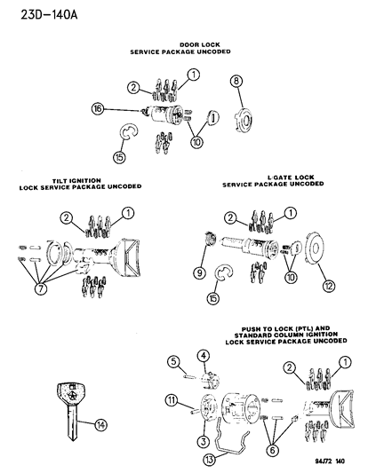 1994 Jeep Cherokee Double Bitted Lock Cylinder Repair Components Diagram