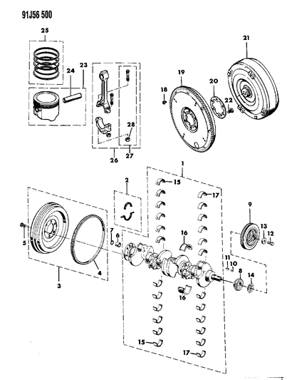 1992 Jeep Comanche Crankshaft , Pistons And Torque Converter Diagram