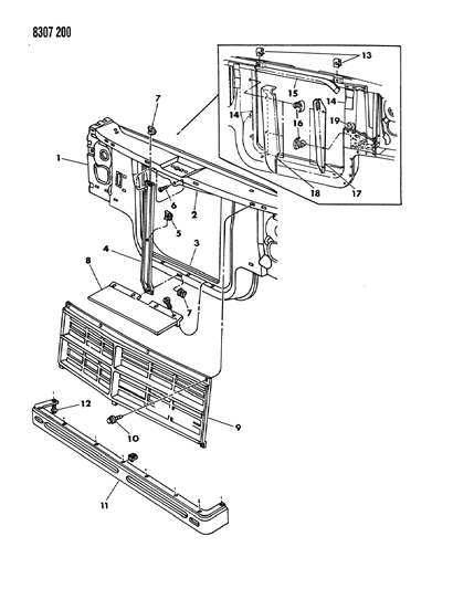1989 Dodge Dakota Grille & Related Parts Diagram