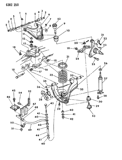 1987 Dodge Dakota Suspension - Front Coil & Shocks With Upper and Lower Control Arm & Sway Bar Diagram
