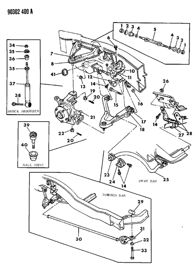 1990 Dodge Dakota Suspension - Front Torsion Bar With Shock Absorber & Sway Bar Diagram
