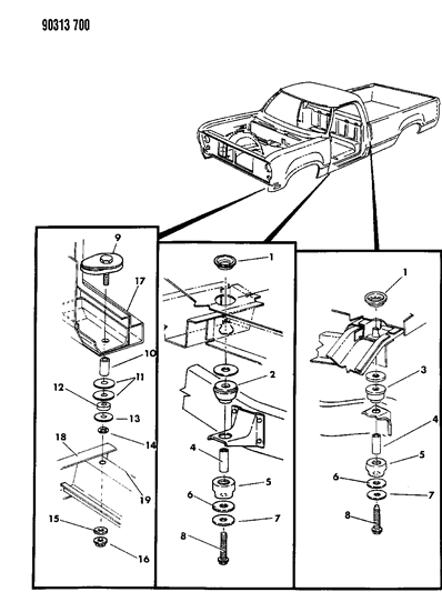 1992 Dodge D250 Body Hold Down & Front End Mounting Diagram