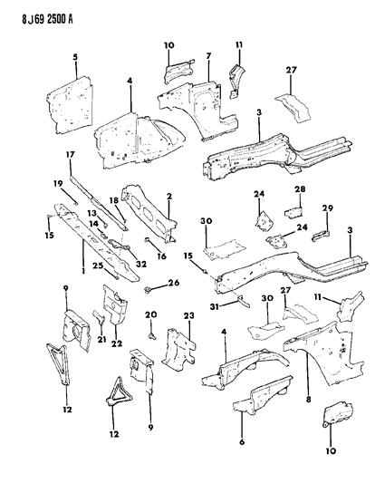 1989 Jeep Wagoneer Panels - Front End Inner & Wheelhouse Diagram