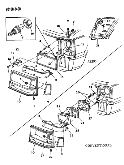 1990 Chrysler Town & Country Lamps - Front Diagram