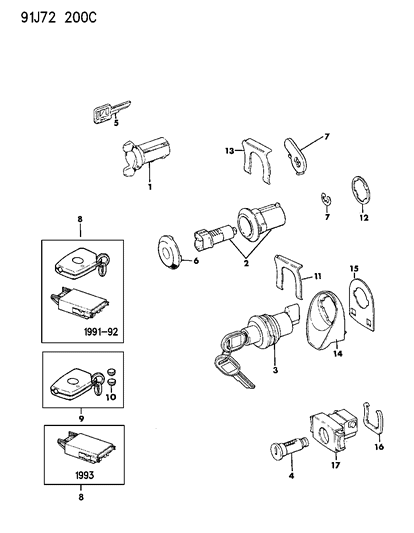1993 Jeep Cherokee Lock Cylinders & Keys Diagram