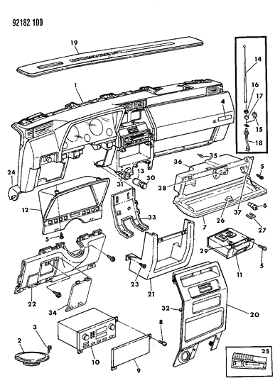 1992 Dodge Shadow Instrument Panel Radio, Bezels, Glovebox, Antenna Diagram