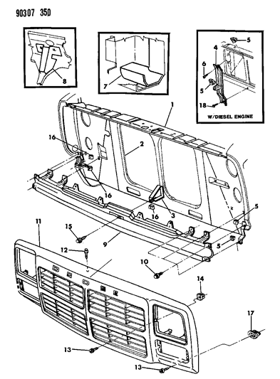 1991 Dodge W250 Grille & Related Parts Diagram