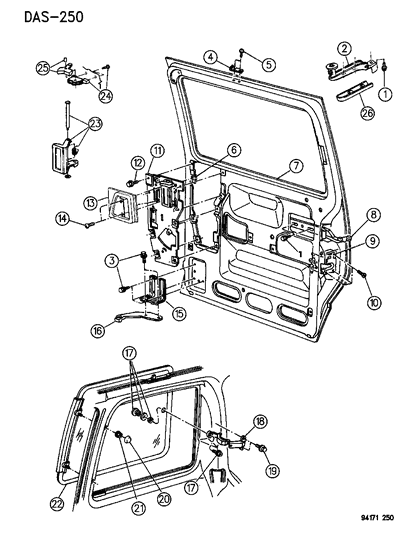 1994 Chrysler Town & Country Door - Sliding Shell - Glass & Controls Diagram