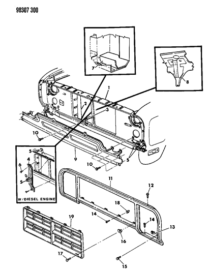 1990 Dodge Ramcharger Grille & Related Parts Diagram