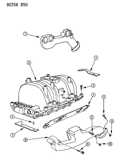 1992 Dodge Dakota Manifolds - Intake & Exhaust Diagram 1