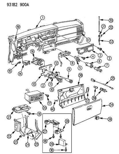 1993 Dodge Spirit Instrument Panel Pad, Controls, Radio & Antenna Diagram