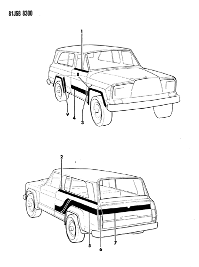 1984 Jeep Grand Wagoneer Decals, Exterior Diagram 1