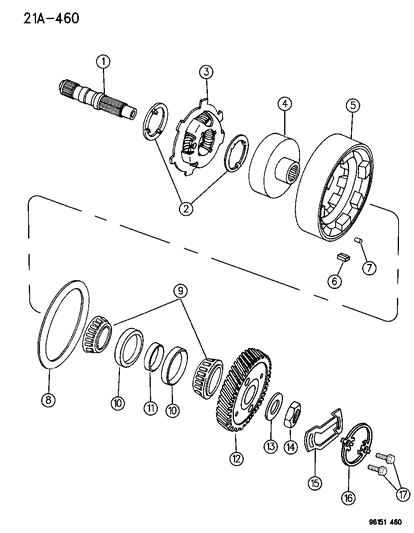 1996 Chrysler Town & Country Shaft - Output With Rear Carrier , Reverse Drum & Overrunning Clutch Diagram